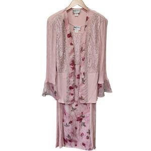 VTG SL Fashions Dress Jacket Set Pink Floral Lace Midi Mother of Bride Romantic
